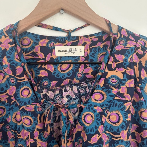 Natural Life Womens Midi Dress Large Floral Boho Tirered Long Sleeve Modest Blue - Picture 2 of 8